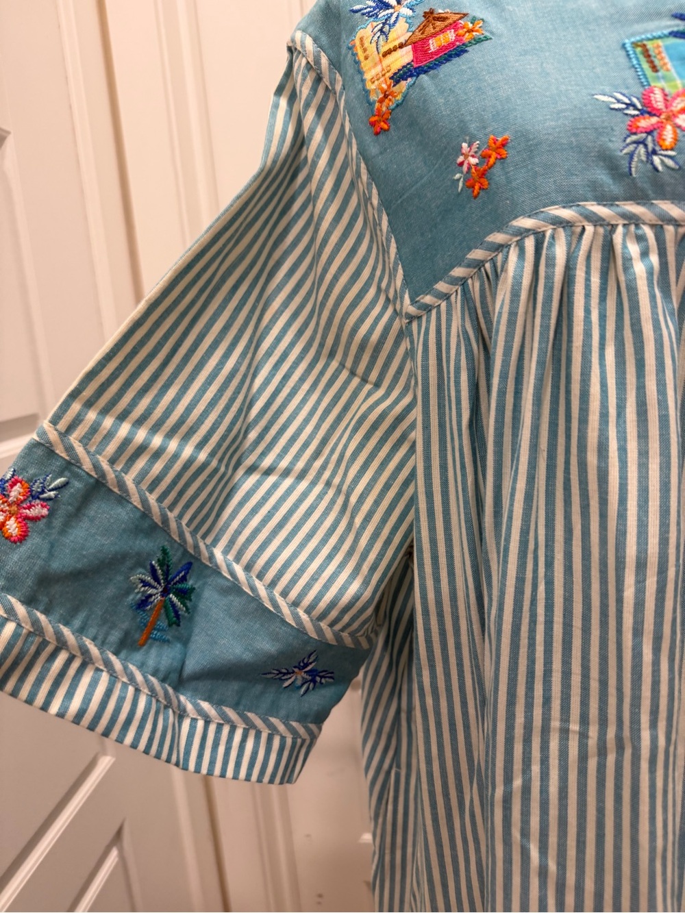 Bechamel Blue Stripe Patio Dress with Tropical Embroidery - Picture 3 of 10